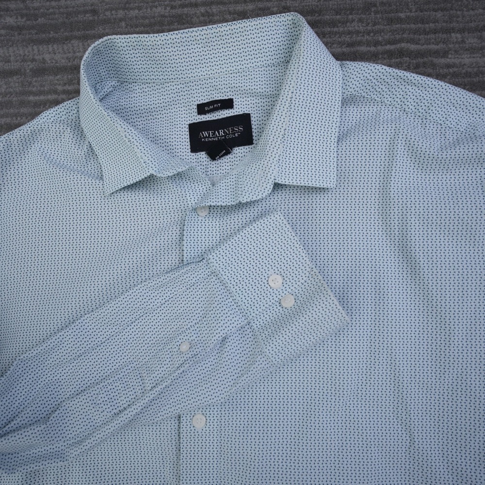 Kenneth Cole Awearness Shirt Men Button Up Blue Geometric Long Sleeve Slim 2XL